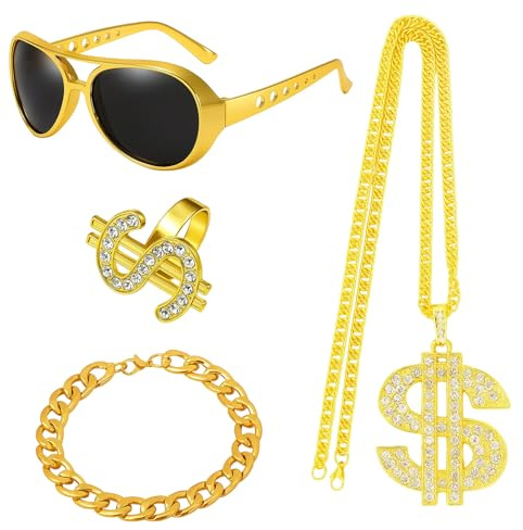 ZocRjvN 4-teiliges Elvis Presley Accessoire Set, Goldkette Herren mit Grillz und Rapper Kette, Gangster Kostüm Zubehör für Männer, Gold Chain und Goldketten im 90er Stil