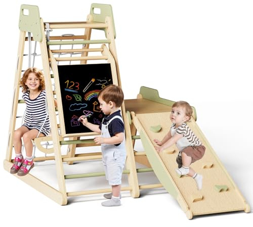 Parco Giochi da Giardino per Bambini 12-in-1 Struttura in Legno con Scivolo, Altalena, Parete Arrampicata, Rete, Scala, Balance Board, Palestra Montessori Educativi per Sviluppo Motorio 1-6 Anni