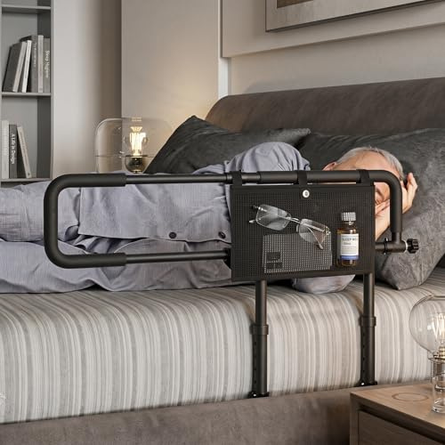 KATLKIU Bed Rail for Elderly Adults with Storage Bag, 60.5–80.5 cm Adjustable Bed Assist Rail with 4.5 m Securing Strap, Foldable Safety Bed Handle for Pregnant Women,Seniors,Handicap