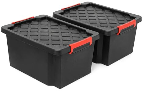 NOVECRAFTO 25L Small Storage Box with Lid, 2 Pack – Heavy-Duty Storage Box with Carry Handles, Durable Plastic, Clip Locks, Stackable – Garage, Shed & Outdoor Use (Black)