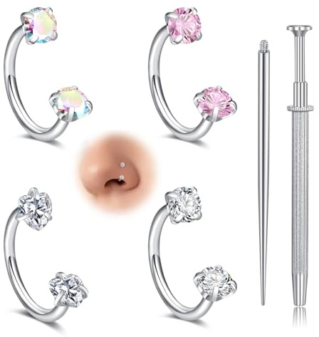 Nymora 4er Pack Nasenstecker, 18G Silber 8mm Hufeisen-Piercing mit Zirkon, Nasenring Lippenpiercing Helix Ring Tragus Piercing Set inkl. Greifwerkzeug