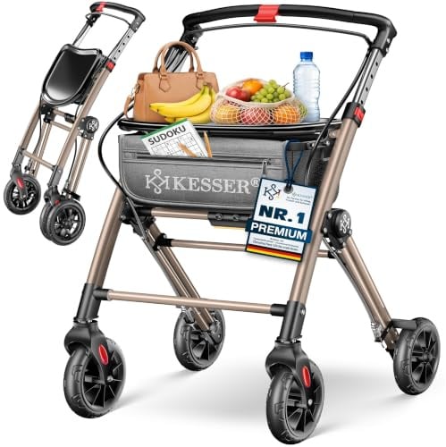 KESSER® Rollator, leicht klappbar, schmal für Wohnung aus Aluminium, 100 kg | mit höhenverstellbaren Griffen, Einhand-Faltmechanismus, 360° Rädern, Feststellbremse, abnehmbarem Tablett & Netzkorb, Indoor