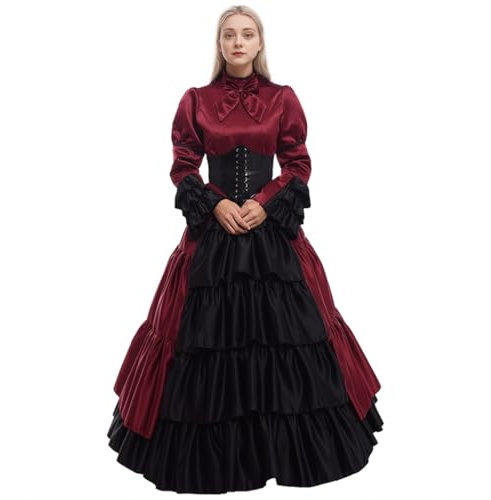 GRACEART Femmes Victorienne Robe avec Jupon et Ceinture Medieval Carnaval Vêtements (M, Vin Rouge)