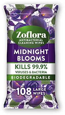 Zoflora Midnight Blooms Biodegradable Wipes, Antibacterial Multi-surface Cleaning Wipes, Kills 99,9% of Bacteria & Viruses, Convenient, Quick Cleaning, 1 Pack (108 Sheets)