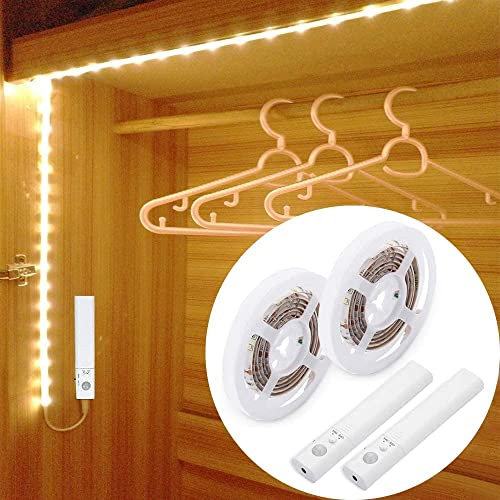 Tira LED Adhesiva con Sensor de Movimiento - LUXJET Tira Luz LED Funciona con Pilas Sin Enchufe Blanco Cálido 2 piezas 1m para Armario, Sótano, Cocina, Dormitorio, Escaleras