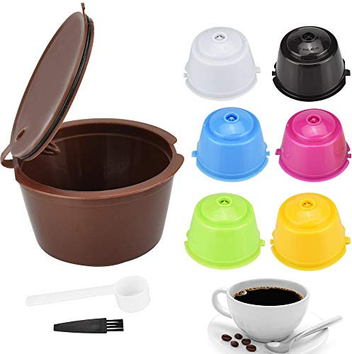 SNAGAROG 7pcs Reusable Coffee Capsules Refillable Coffee Capsules Filter Pods for Dolce Gusto with Plastic Spoon/Cleaning Brush for Home Kitchen Office Outdoor (7 Colors)