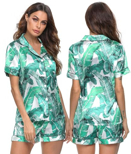 SWOMOG Womens Silk Satin Pajamas Set Two-Piece Pj Sets Sleepwear Loungewear Button-Down Pj Sets