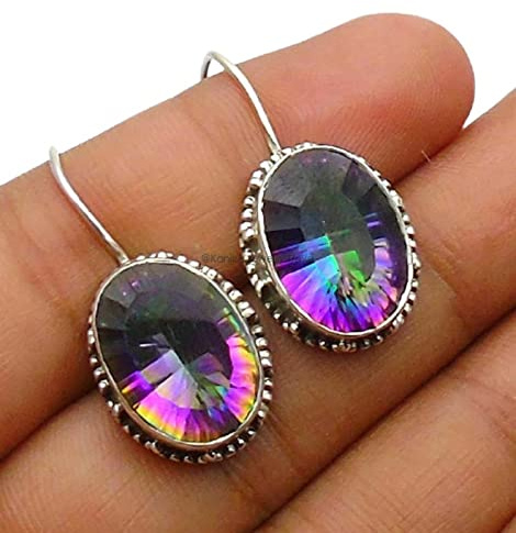 Mystic-Topas-Edelstein-Sterlingsilber-Ellipsen-Ohrringe für Frauen, Lünette-Set, Ohrhaken, mehrfarbiges Brautjungfern-Ohrring-Geschenk