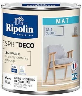 RIPOLIN - Peinture Intérieure Multi-Supports – Murs, Boiseries & Radiateurs – Ultra Couvrante – Lessivable – Application Facile – Ecolabel - Aspect Mat - 0,5L - Gris Souris
