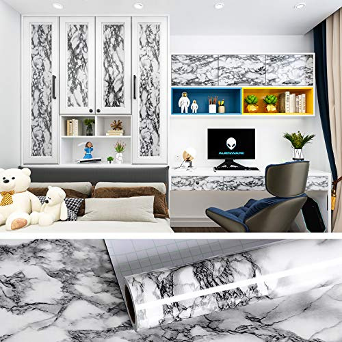 VEELIKE Marble Sticky Back Plastic Roll Worktop Vinyl Covering Self Adhesive Removable Wallpaper Contact Paper Bedroom Wallpaper 60cm x 900cm White and Grey