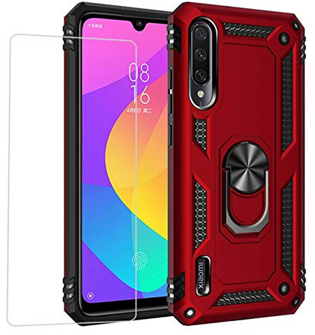 Joytag Compatibile per coverXiaomi Mi A3，Custodia + Vetro temperato Silicone TPU 360 Grado Anello Girevole Magnetico Supporto Cassa del Telefono dell'auto Case-Rosso