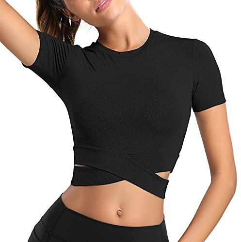 MUYOGRT T-Shirt Damen Sportshirt Kurzarm Crop Top Sexy Sport Oberteil Bauchfreie Sommer Laufshirt Funktionsshirt Atmungsaktiv Leicht Yoga Fitness Shirts Schnelle Trockene Sporttop(Schwar,L)