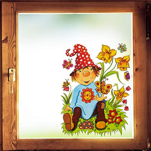 Fenstersticker Motivwahl Zwerg & Blumen - statisch haftend - selbstklebend + wiederverwendbar - Stück Sticker Fensterbilder Aufkleber - Fensterbild - z.B..