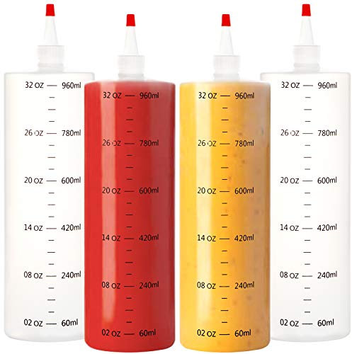 Youngever 4 Pack 1000ML Re-usable Plastic Squeeze Bottles, HDPE Squeeze Bottles for Crafts, Food Art, Glue, Henna