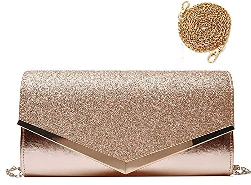 Women Shiny Sequins Evening Clutch Bag with Chain,Envelope Shaped Evening Handbag Purse Wallet, Crossbody Bags Prom Bag for Wedding Prom Dinner Evening Party Prom Gift for Mom Wife (Rose Gold)