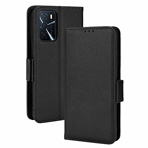 GOKEN Leder Folio Hülle für Oppo A16 / Oppo A54s / Oppo A16s, Flip Handyhülle mit Kartenfächer & Geldbeutel -Schwarz