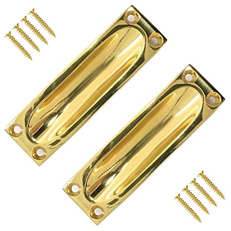 TERF® Traditional Vintage Polished Brass Flush Pull Door Handle 90mm Sliding Door Flush Handle with Fixing Screw for Drawer Cabinet Wardrobe Sliding Door and Multi Use - Pack of 2