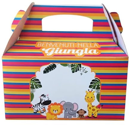 12 x Box scatoline Bellissime scatole porta dolci, gadget, confetti, caramelle cotillon o dolcetti regalini fine festa per bambini fai da te (animali della giungla jungle)