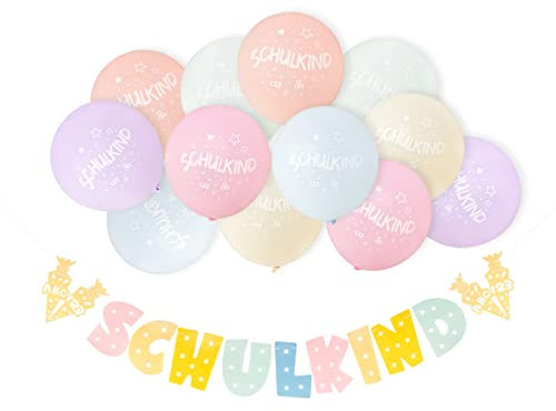 Einschulung Deko Mädchen Pastell Girlande Schulanfang Banner Filz mit 12 Pcs Schulkind Luftballons Hänge Deko für 1. Schultag Schuleinführung Dekoration Schulanfang Schulstart Einschulungsfeier usw.