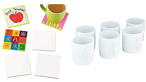 Baker Ross EK3336 Paint Your Own Coasters (Pack of 6), 9.5cmx9.5cm & E774 Mini White Porcelain Mug 5cm High for Children to Paint & Decorate As Gifts (Box of 6)