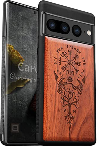 Carveit Wood Case for Pixel 7 Pro Cover Shockproof Bumper [Natural Wood & Soft TPU] Wooden Design Cover Compatible with Google Pixel 7 Pro Wooden Case (Viking Compass Vegvisir-Rosy)