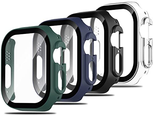 Simpeak 4 Pezzi Cover Compatibile con Apple Watch Ultra 49mm, Custodia Caso con Vetro Temperato HD Pellicola Protettiva per iWatch Series 8, Anti-Graffio, Full Protezione, Trasparente,Nero,Blu,Verde