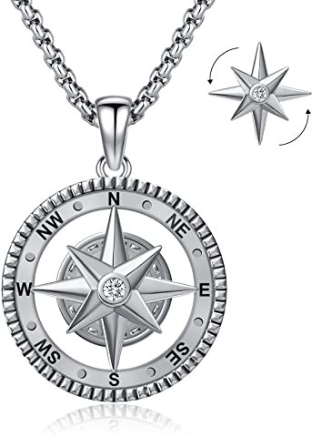 Eusense Kompass Halskette für Herren Sterling Silber 925 Kompass Anhänger Kette Abschluss Schmuck für Männer Frauen