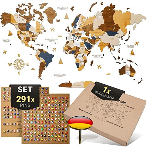 WOW WOOD Premium Wanddeko 3D Weltkarte Holz in Deutsch mit Pins | Werkzeuglose Wandmontage | Eine Geschenkidee für jede Gelegenheit | Wand deko Holz für Wohn- und Büro Deko (Mehrfarbig, 213x113 cms)