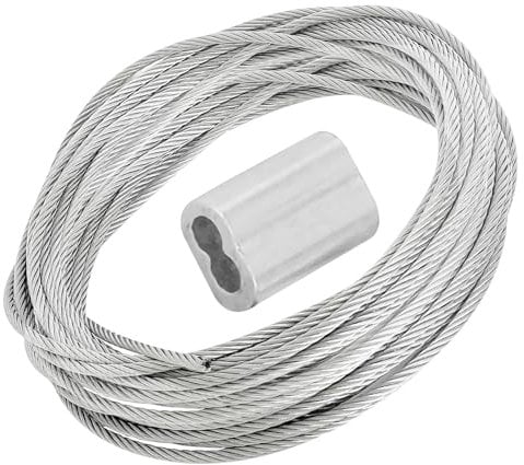 Rhinenet 30m/98ft Length Wire Rope 304 Stainless Steel Wire Cable 7x7 Strand Core 1.5mm Thick with 60 Pcs Aluminum Crimping Clamps Loop Sleeve for Courtyard Garden and Backyard Lighting