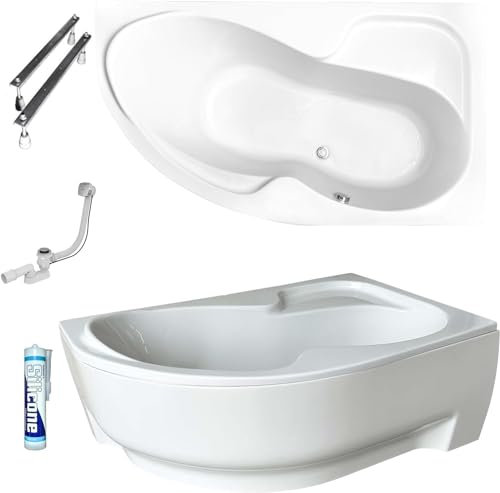 ECOLAM Baignoire d'angle asymétrique Wela 150 x 100 cm | version droite | tablier acrylique | pieds siphon silicone | set complet | baignoire en acrylique blanc