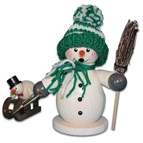 Holzwaren Egermann Rauchmann/Räucherfigur aus Holz - Schneemann mit Schlitten & Kind - Accessoires in Grün - Höhe: ca. 15 cm - Made in Germany