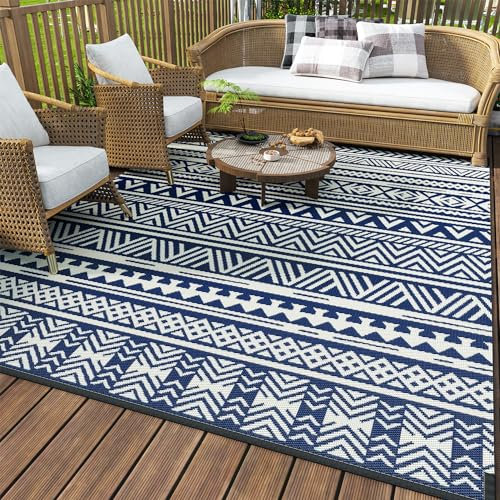 MontVoo Tapis d'extérieur imperméable de 2,4 x 3 m avec paille en plastique réversible pour camping-car, camping, pique-nique, plage, balcon - Bleu marine