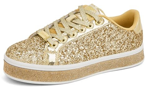 LUCKY STEP Damen-Plateau-Glitzer-Sneaker | Funkelnde Bling Shiny Dressy Bedazzled Hochzeits-Walking Schuhe (Gold, 9US-40EU-7UK)