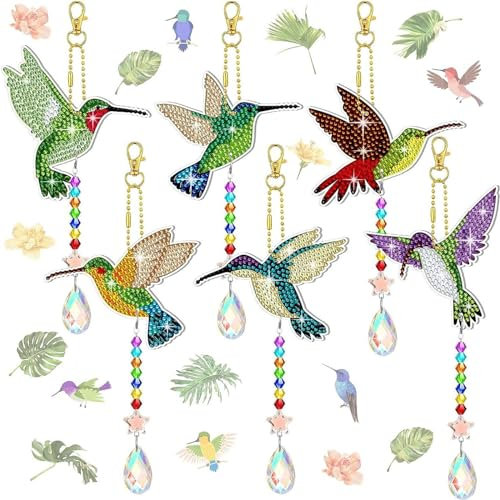 AUAUY 6 PCS Diamond Painting Kristall Sonnenfänger Windspiel Set, 5D Doppelseitige Diamond Painting Schlüsselanhänger Kristall Hängender Ornament Doppelseitige Hängende Ornamente für Erwachsene Kinder