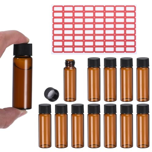 PATIKIL 15ml Amber Glass Vials, 12 Pack Sample Vials with Screw Cap and Write-on Spot Reagent Media Bottle with Labels Leak-Proof Liquid Vial for Lab