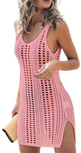 Qianderer Women Crochet Cover Up Beach Dress Swimsuit Bikini Cover Ups Bathing Suit Hollow Out Cover Up Beachwear (Bd Pink, M)