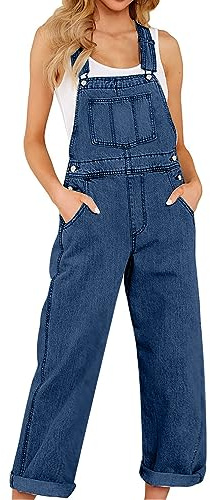 HAOLEI Womens Denim Bib Overalls Classic Adjustable Straps Jeans Pants Pocket Jumpsuit Denim Dungarees Baggy Loose Fit Overall Suspender Straight Leg Long Playsuit Trousers