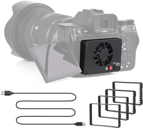 Kamera Externer Lüfter mit 2 Lüftergeschwindigkeiten, 4 Stück Montageadapterplatten kompatibel mit Sony A7M4/ZVE1/A6700/A7C2/A7S3/ZV-E10/ZV1/A7C/FX30, Canon R5/R6/R7, Fujifilm XT4