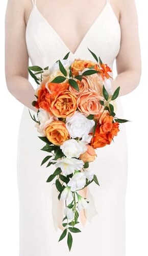 INSUNSIX Hochzeitsstrauß, 25,4 cm, Terrakotta-Blumenstrauß, kaskadierend, Brautsträuße für Braut für Hochzeitszeremonie und Jahrestag (Orange)