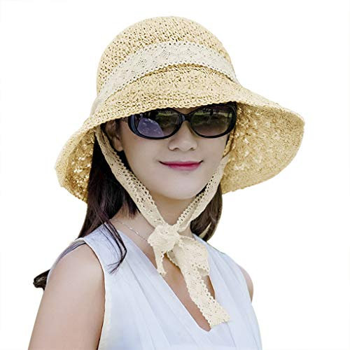 Chapeau Soleil Pliable Femme Chapeau de Plage Panama d'été Casquette de Paille à Large Bord Casquette Anti-Soleil pour l’Ombre en Bord de Mer à Lanière