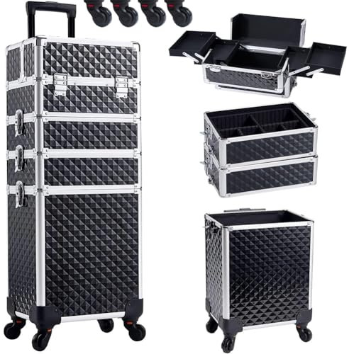BAKAJI Trolley Make Up 4 in 1 Professionale con Trama Oleografica a Triangolare, Beauty Case Estetista Portatile, Valigia Porta Trucchi con Ruote Staccabili, Valigetta Organizer Makeup Viaggio (Nero)