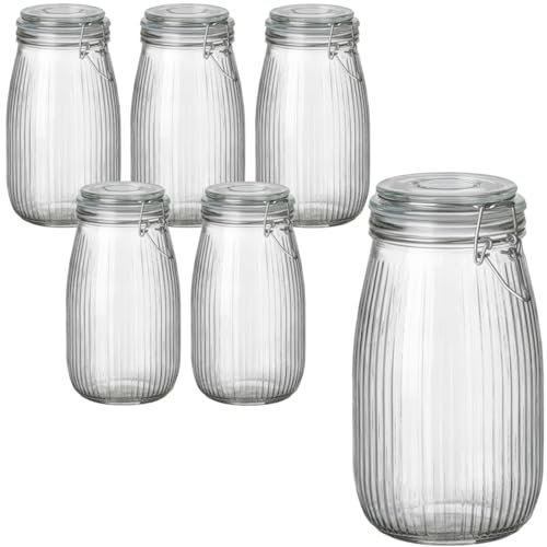 gouveo 6er Set Vorratsgläser 1500 ml geriffelt mit Bügelverschluss - Bügelgläser aus Glas mit Drahtbügelverschluss - Aufbewahrungsgläser für Küche und Haushalt (BG1500R)
