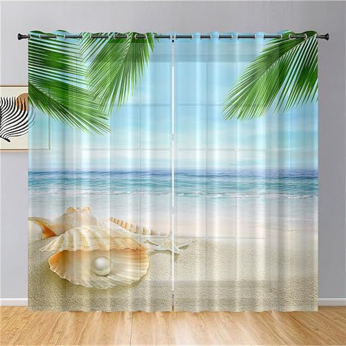 Odot Rideau Voilage Occultant, Motif Coquillages Plage de Sable 3D Rideau Occultant Fenêtre Chambre 2 Panneaux Rideaux Voilages Semi Transparent avec Oeillets (Feuilles de Palmier,140x244cm)
