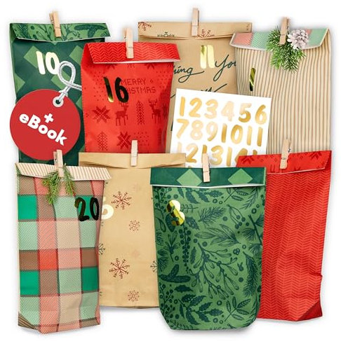 AMARI ® Adventskalender zum Befüllen Nr. 19 Christmas Morning - 24 Papier Adventstüten (mit Holzklammern) zum Basteln für Weihnachten - Papier Weihnachtstüten