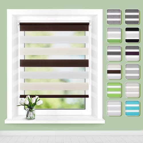 Doppelrollo Klemmfix ohne Bohren B100 x H130(Stoffbreite 96cm) Weiß-beige-braun, Rollos für Fenster, Rollo ohne Bohren mit Lichtdurchlässig und Verdunkelnd/Höhe Stufenlos Verstellbar/Kindersicherung