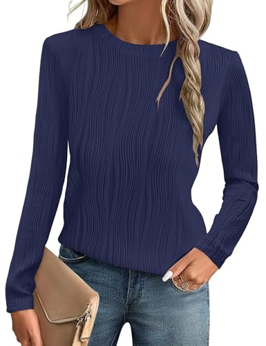 Gemulate Long Sleeve Tops Women Dressy Casual Ladies Blouses T-Shirts | Crewneck Trendy Basic Loose Textured Blouses Outfits