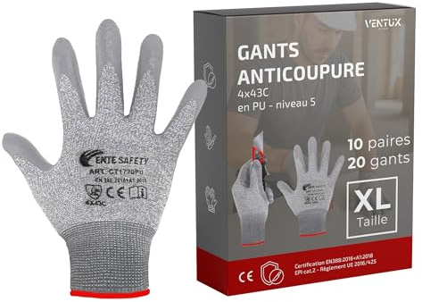 Guantes Anticorte 10 Pares Talla XL – HPPE 4X43C Recubrimiento PU | EPI de categoría II – Palma de poliuretano antideslizante – Compatibles con pantallas táctiles – Lavables a máquina