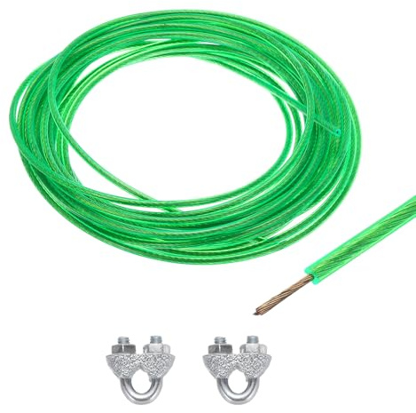 QUARKZMAN Cable de Acero Galvanizado Recubierto de Vinilo Verde de 2.5 Mm (3/32 Pulgadas), Cable de Alambre de Acero Galvanizado de 6M / 20 Pies con 2Pcs de Manguitos de Bucle M3