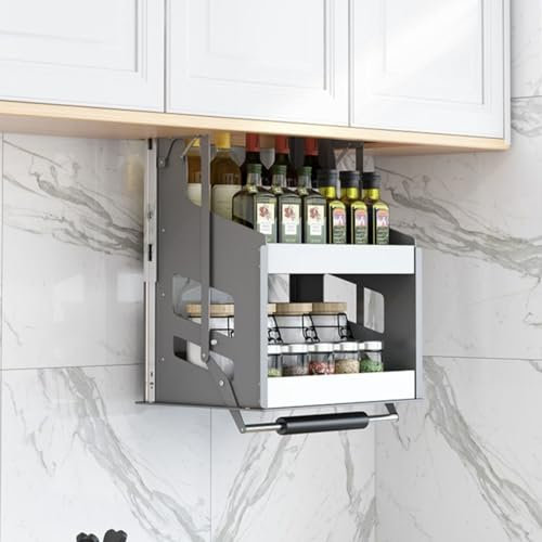 WOTZOV Robustes, zweistöckiges Wand-Ausziehregal – praktischer Oberschrank-Regalheber zum Ordnen von Hochschränken – zusammenklappbarer Küchen-Organizer,35cm Schrank H 62cm