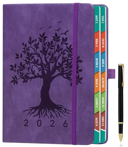 ZXHQ 2026 Diary A5 Page a Day, Jan-Dec, Tree of Life Design, Full Year Daily Planner with Monthly View, UK Holiday, Colorful Tabs, Pen Set and Fine Inner Pocket, 5.9 × 8.5- Purple